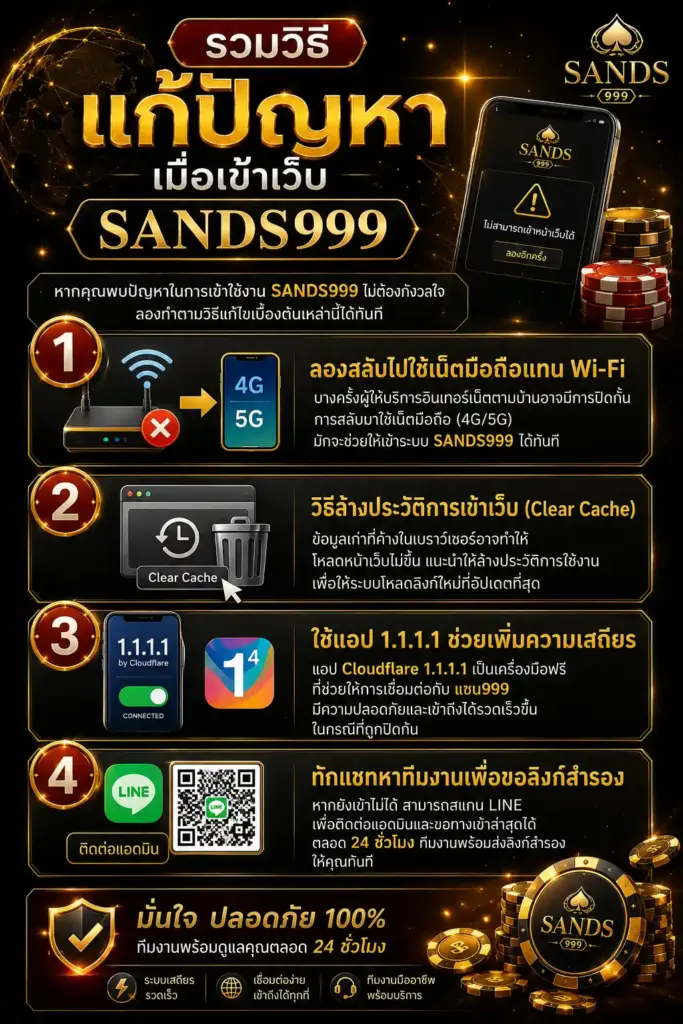 รวมวิธีแก้ปัญหาเมื่อเข้าหน้าเว็บ sands999 ไม่ได้